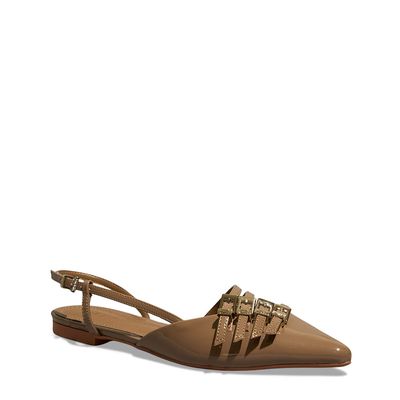 Sapatilha Fivela Verniz Bege Escuro Bico Fino Slingback