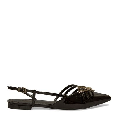 Sapatilha Fivela Verniz Preta Bico Fino Slingback