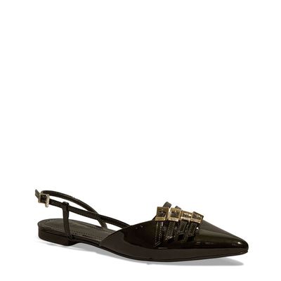 Sapatilha Fivela Verniz Preta Bico Fino Slingback