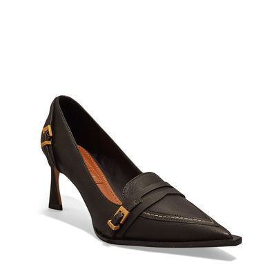 Scarpin couro pelica bico fino fivela preto