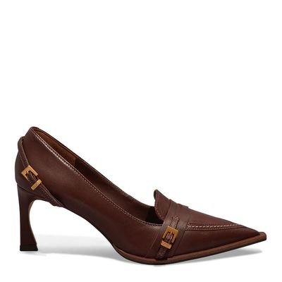 Scarpin Couro Pelica Bico Fino Fivela Marrom Cocoa