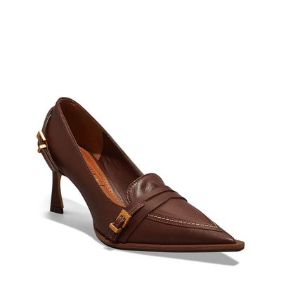 Scarpin Couro Pelica Bico Fino Fivela Marrom Cocoa