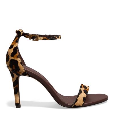 Sandália Couro Estampa Animal Print Onça Salto Alto Fino