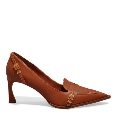 Scarpin Couro Pelica Bico Fino Fivela Marrom New Safari