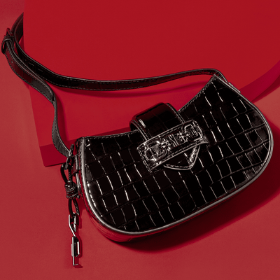 Bolsa Baguete Material Croco Preta Alça Transversal