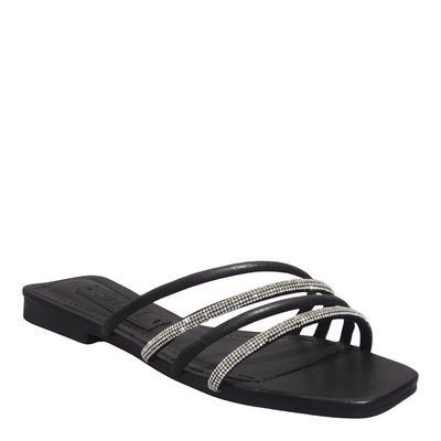 Rasteira Bico Quadrado Napa Soft Preta Brilho