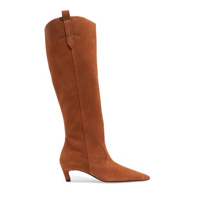Bota Couro Camurça Marrom Safari Bico Fino Cano Longo
