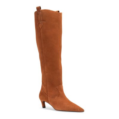 Bota Couro Camurça Marrom Safari Bico Fino Cano Longo