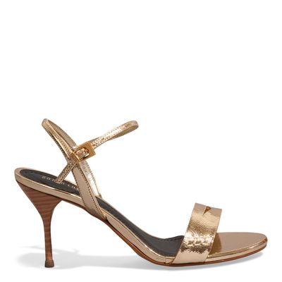 Sandália Couro Metalizado Dourado Salto Agulha