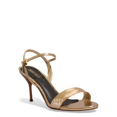 Sandália Couro Metalizado Dourado Salto Agulha
