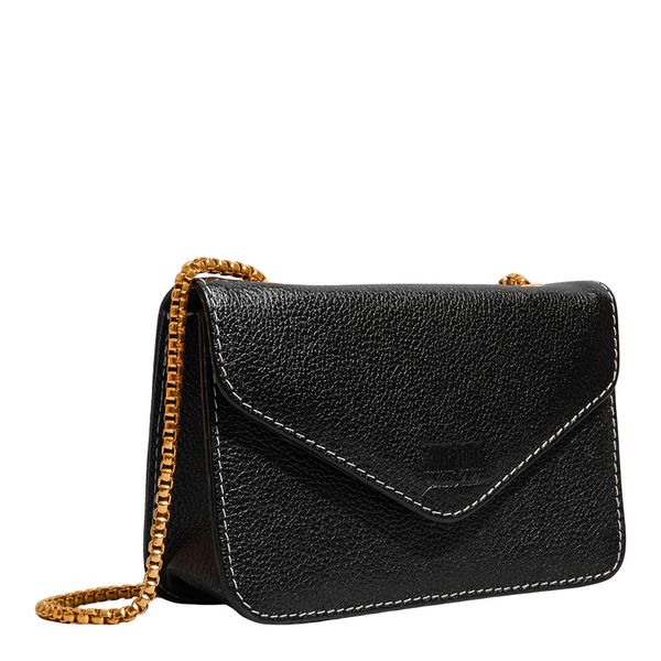 Bolsa Envelope Pespontos Couro Floater Preta Alça Transversal
