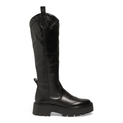 Bota Preta Couro Cano Alto Tratorada