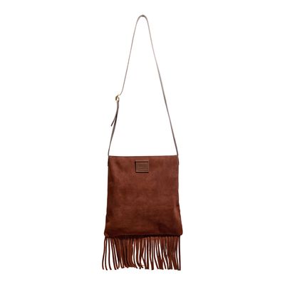 Bolsa Franja Couro Camurça Marrom Dark Alça Ombro