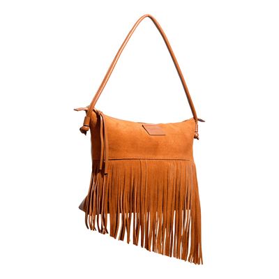 Bolsa Clutch  Franja Couro Camurça Marrom Safari Alça Ombro