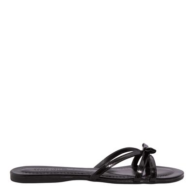 Rasteira Flat Verniz Glossy Tiras Laço Preta