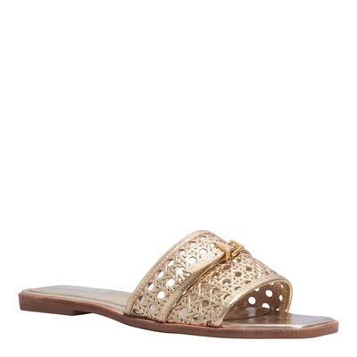 Rasteira Couro Trisse Bico Quadrado Dourado Metalizado