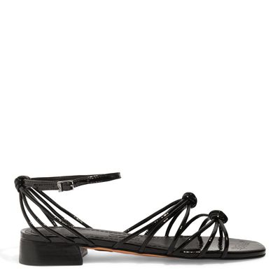 Sandália Rasteira Preta Salto Baixo Verniz Tiras Nó