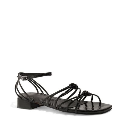 Sandália Rasteira Preta Salto Baixo Verniz Tiras Nó