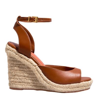 Sandália Espadrille Couro Confort Marrom Safari Salto Anabela