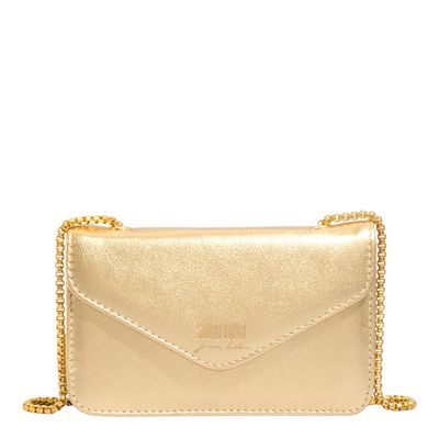 Bolsa Envelope Couro Soft Metalizado Dourada Alça Transversal