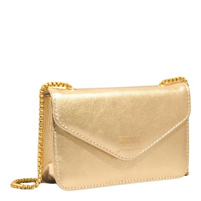 Bolsa Envelope Couro Soft Metalizado Dourada Alça Transversal