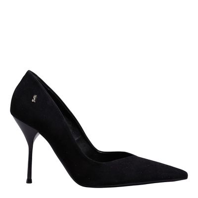 Scarpin One Couro Camurça Preto Bico Fino Salto Agulha