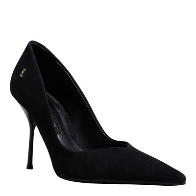 Scarpin One Couro Camurça Preto Bico Fino Salto Agulha
