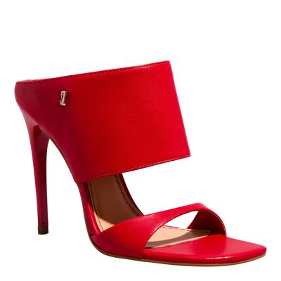 Mule Meia Pata Couro Pelica Vermelho Salto Fino
