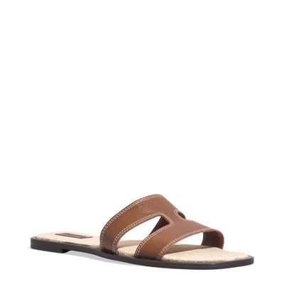 Rasteira Couro Nobre Marrom Conhaque Flat