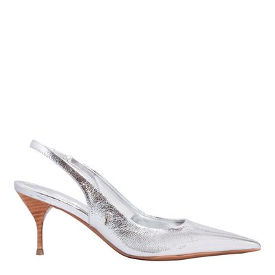 Scarpin Slingback Couro Metalizado Salto Médio Prata