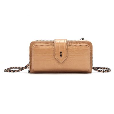 Bolsa Carteira Croco Bege Alça Corrente Transversal