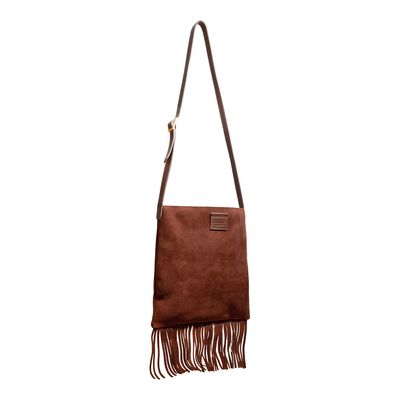 Bolsa Franja Couro Camurça Marrom Dark Alça Ombro