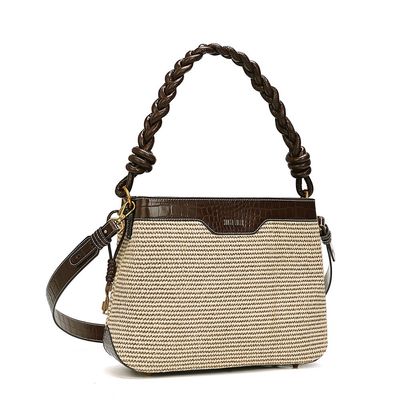 Bolsa Grande Tramado Bege E Marrom Dark Brown Alça Dupla
