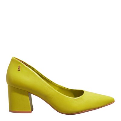Scarpin Couro Pelica Soft Bico Fino Salto Bloco Verde Hot Oliva