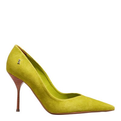 Scarpin One Couro Camurça Verde Hot Oliva Bico Fino Salto Agulha