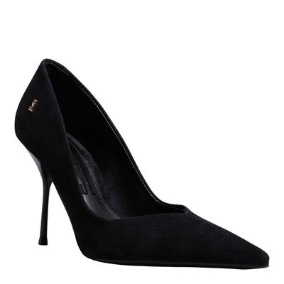 Scarpin One Couro Camurça Preto Bico Fino Salto Agulha