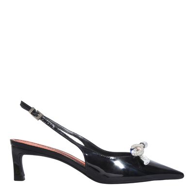 Scarpin Preto Verniz Bico Fino Laço Brilho
