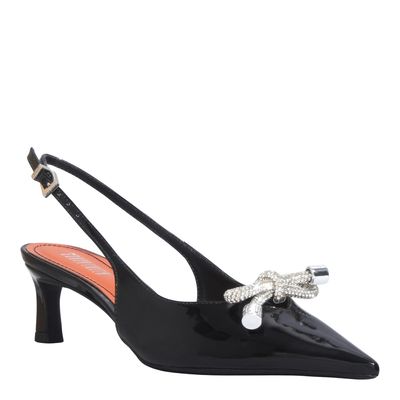 Scarpin Preto Verniz Bico Fino Laço Brilho