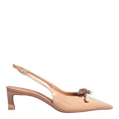 Scarpin Bege Verniz Bico Fino Laço Brilho