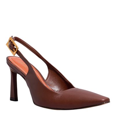 Scarpin Couro Confort Marrom Bico Quadrado