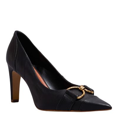 Scarpin Couro Pelica Preto Bico Fino Bridão