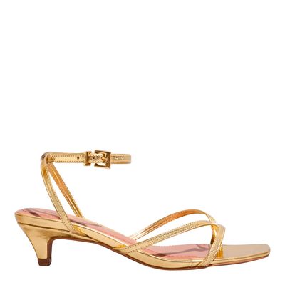Sandália Bico Quadrado Metalizado Dourada Salto Baixo