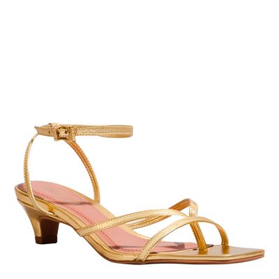 Sandália Bico Quadrado Metalizado Dourada Salto Baixo