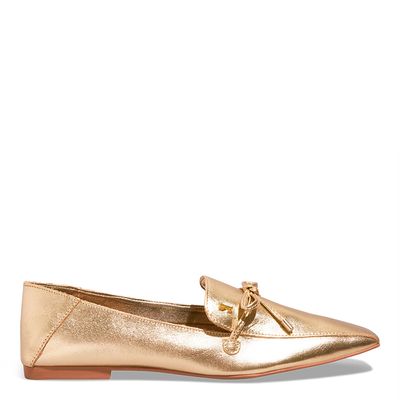 Mocassim Couro Metalizado Malibu Dourado Bico Quadrado