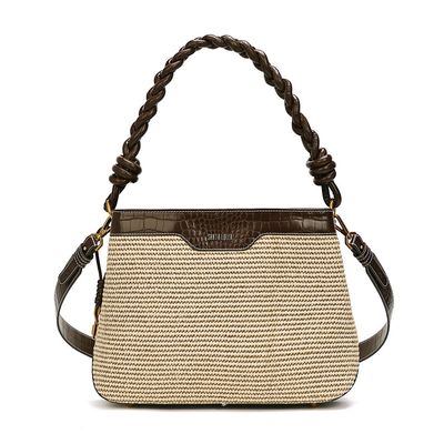 Bolsa Grande Tramado Bege E Marrom Dark Brown Alça Dupla